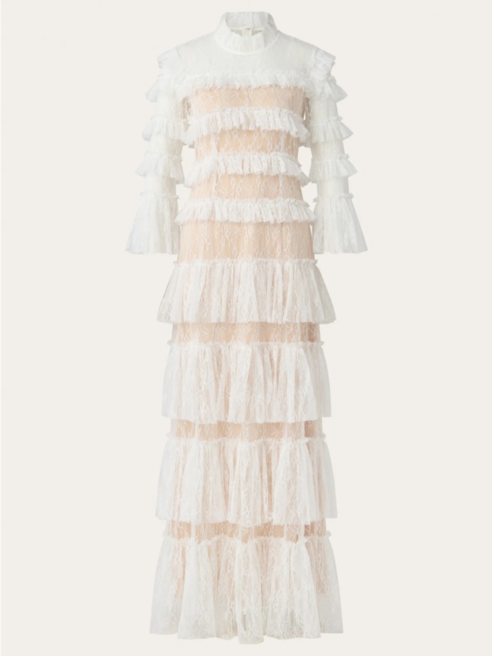 White Lace Tiered Long-Sleeve Maxi Dress